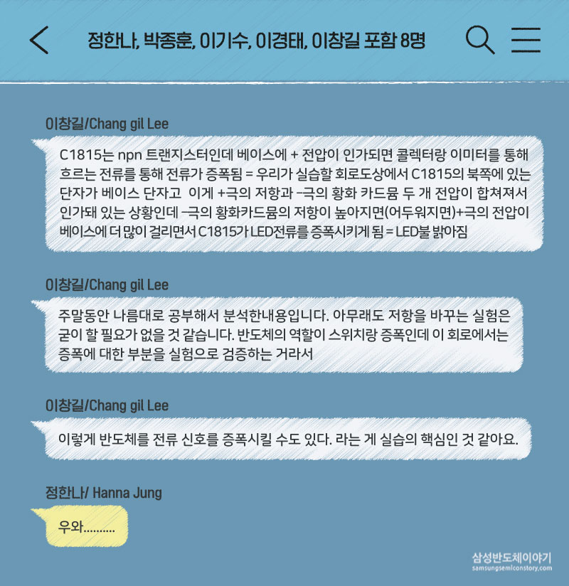▲전기회로 키트를 분석하며 키트가 빛을 감지하여 신호를 증폭시키는 원리 등을 팀원끼리 공유하는 모습