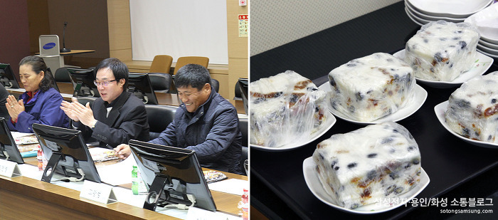 의에 앞서 위원들을 위해 오헌영 위원이 준비한 따끈따끈하고 맛있는 떡을 다같이 맛보는 시간
