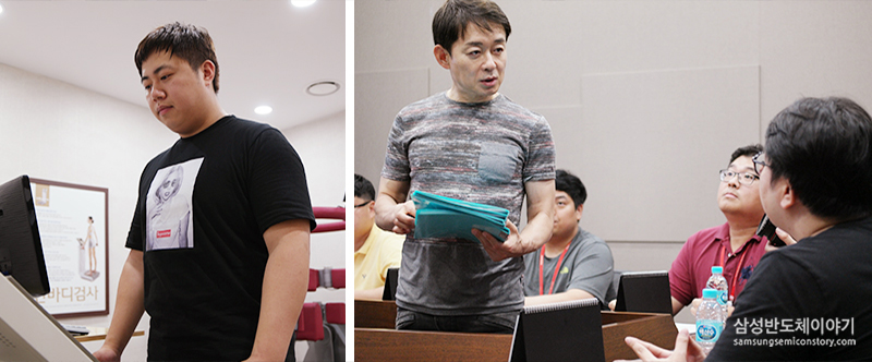 ▲ (왼쪽부터) 인바디를 측정하고 있는 참가자. 참가자들이 박용우 교수와 함께 건강 상태에 대해 개별 상담을 하고 있다.
