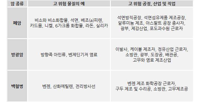 직업성 암의 종류