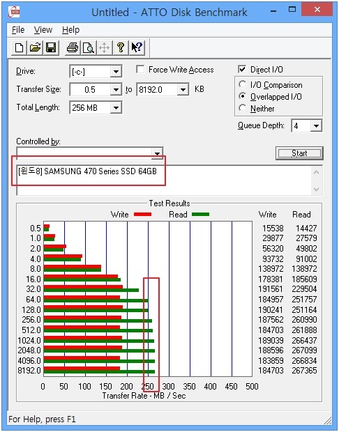 [윈도8] SAMSUNG 470 Series SSD 64GB의 ATTO 벤치 입니다.