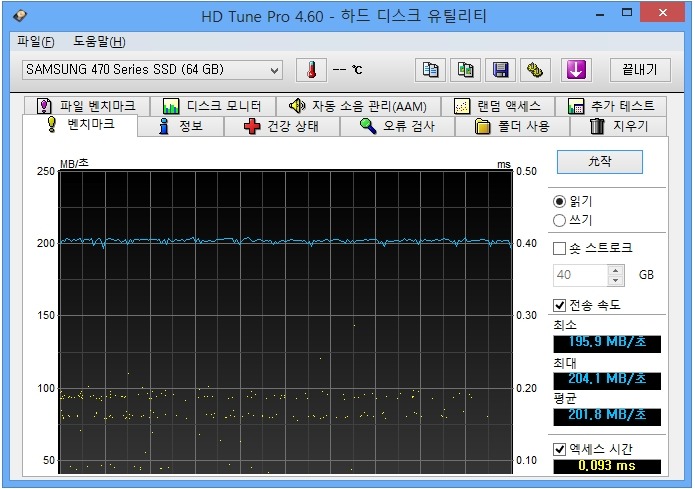 [윈도8] SAMSUNG 470 Series SSD 64GB의 HD Tune Pro 입니다.