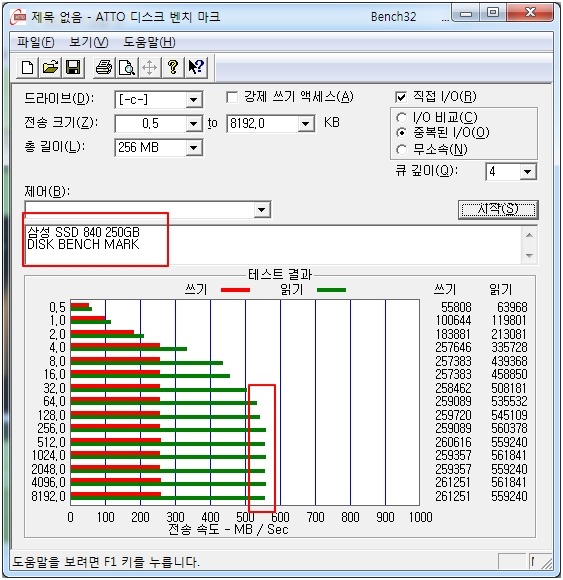 [윈도7] ATTO 디스크 테스트 사진