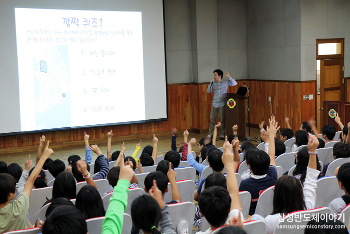 너도나도 힘차게 손을 들며 적극적으로 퀴즈를 푸는 아이들의 모습
