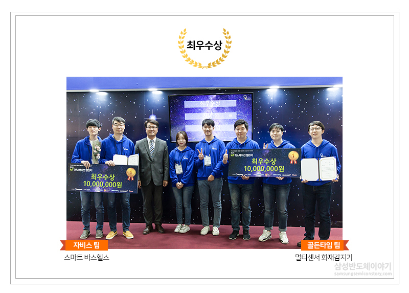 제2회 IoT 이노베이션 챌린지 본선 대회 시상식 - ▲최우수상을 수상한 자비스 팀(왼쪽), 골든타임 팀(오른쪽)