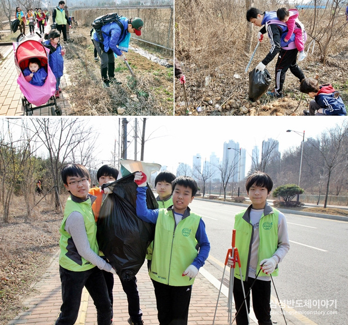  동탄호수공원에서 영천교까지 약 2km의 거리를 걸으며 길에 떨어진 쓰레기를 주운 아이들
